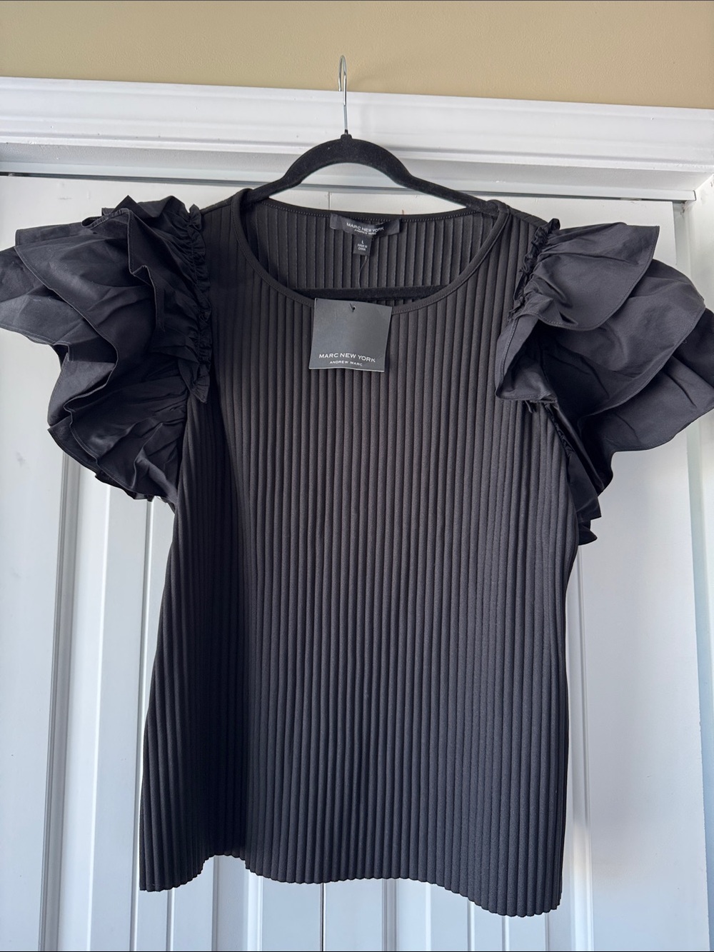Marc New York Black Ribbed Top with Statement Ruffle Sleeves